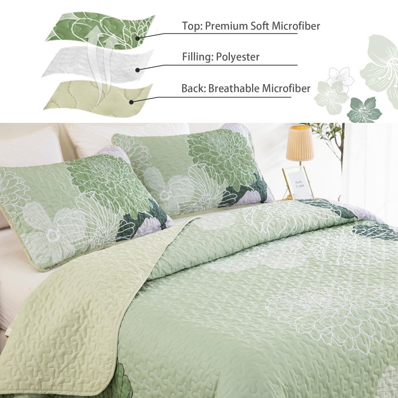 Yiran Floral Quilt Set Queen Size Sage Green Botanical Bedspreads Bedding Set 3 Pieces Lightweight Summer Coverlet with 2 Pillow Shams 96x90 Inch - Image 3