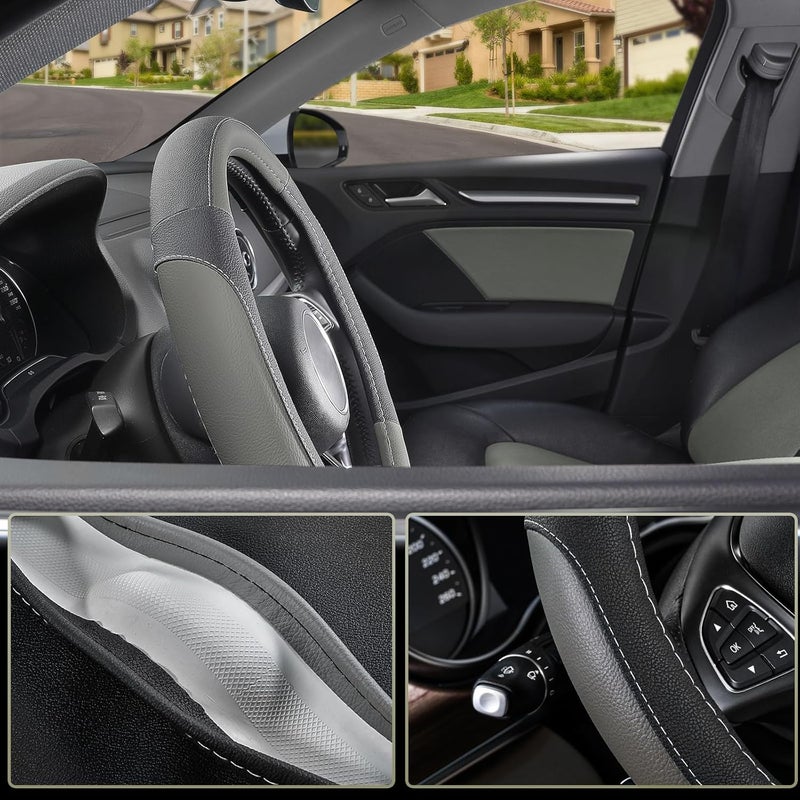 SEG Direct Car Steering Wheel Cover for Prius Civic 14-14.25 inch, Black and Gray Microfiber Leather - Image 3