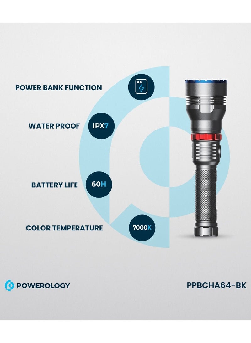 Powerology Rechargeable LED Flash Light with Power Bank Function and 1000 Lumens / 920M Beam Distance - Black - Image 2