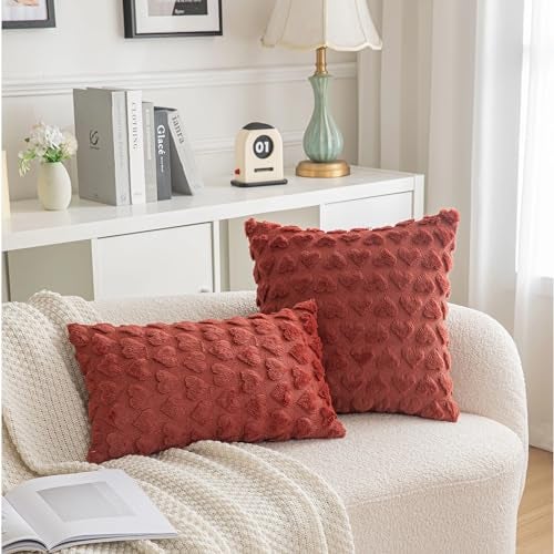 AQOTHES Set of 2 Heart Love Cute Wine Red Decorative Valentines Throw Pillow Covers 12x20, Soft Plush Faux Fur Pillow Covers for Couch Sofa Home Valentines Day Decoration - Image 2