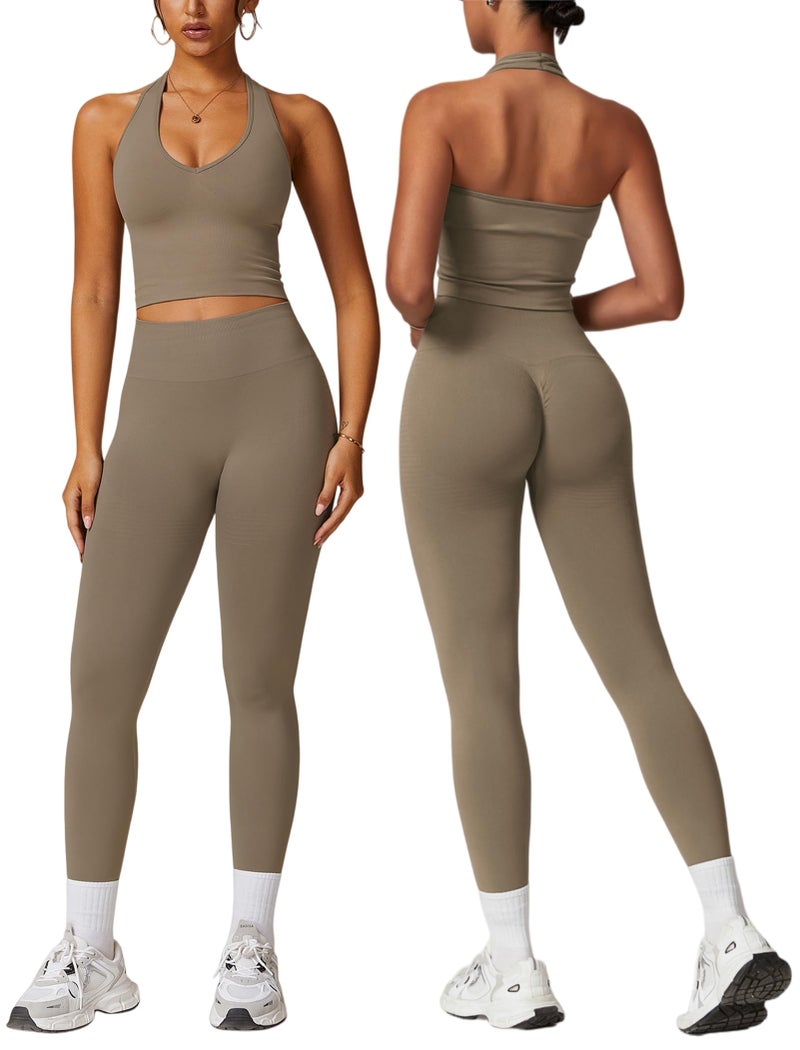 ABOCIW Workout Sets for Women 2 Piece Seamless V Neck Halter Tank Top with Bra Scrunch Butt Lifting High Waist Leggings Gym Sets Work Out Clothes Minky Large - Image 1