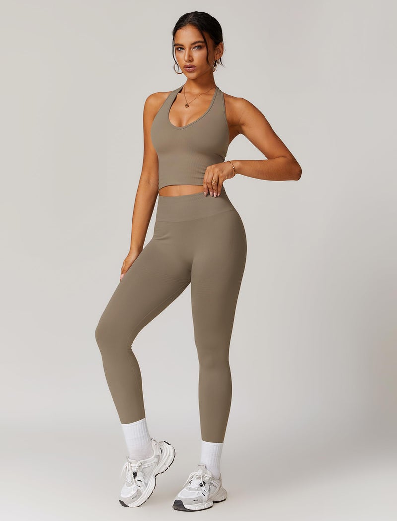 ABOCIW Workout Sets for Women 2 Piece Seamless V Neck Halter Tank Top with Bra Scrunch Butt Lifting High Waist Leggings Gym Sets Work Out Clothes Minky Large - Image 3