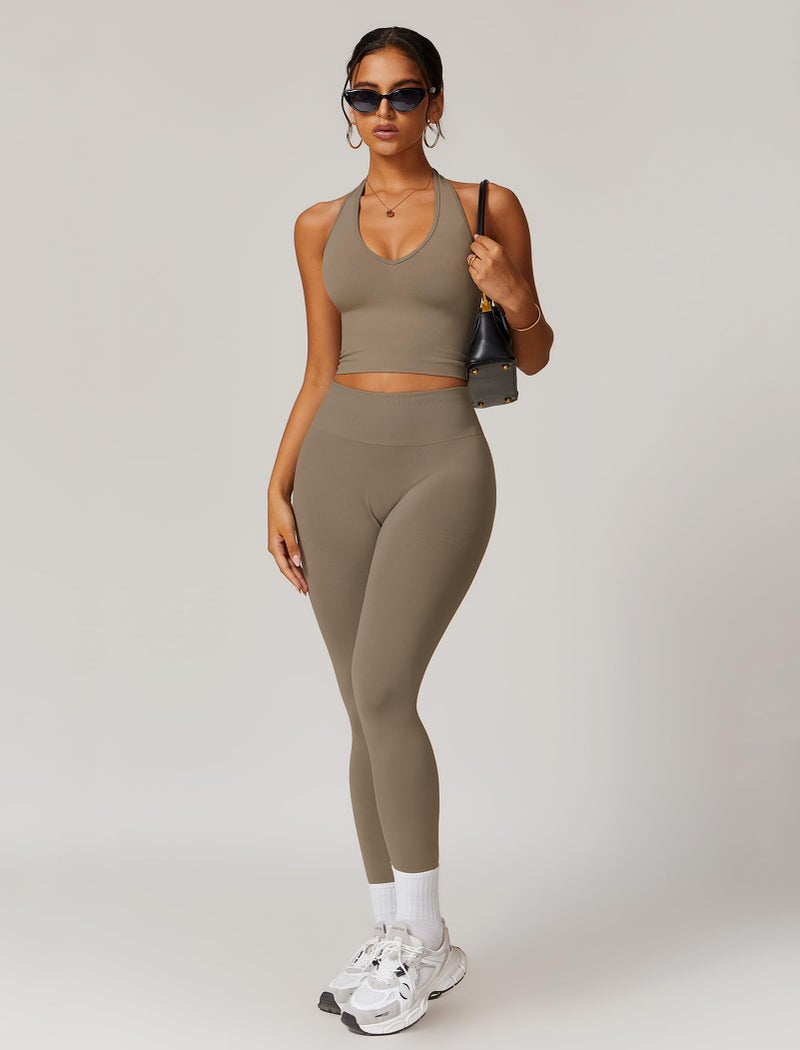 ABOCIW Workout Sets for Women 2 Piece Seamless V Neck Halter Tank Top with Bra Scrunch Butt Lifting High Waist Leggings Gym Sets Work Out Clothes Minky Large - Image 4
