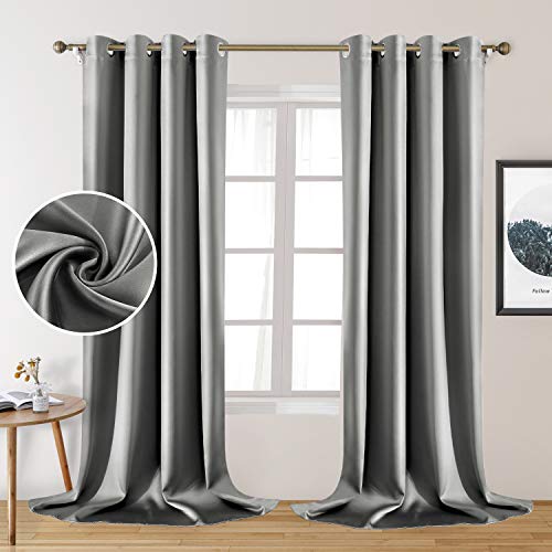 HOMEIDEAS 2 Panels Silver Grey Faux Silk Blackout Curtains, 52 X 108 Inch Room Darkening Satin Thermal Insulated Window Drapes for Bedroom, Indoor, Nursery - Image 1