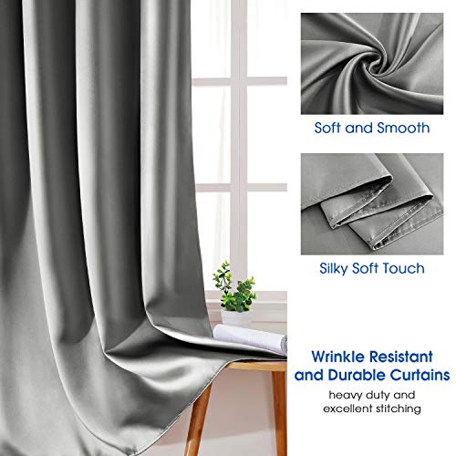 HOMEIDEAS 2 Panels Silver Grey Faux Silk Blackout Curtains, 52 X 108 Inch Room Darkening Satin Thermal Insulated Window Drapes for Bedroom, Indoor, Nursery - Image 2