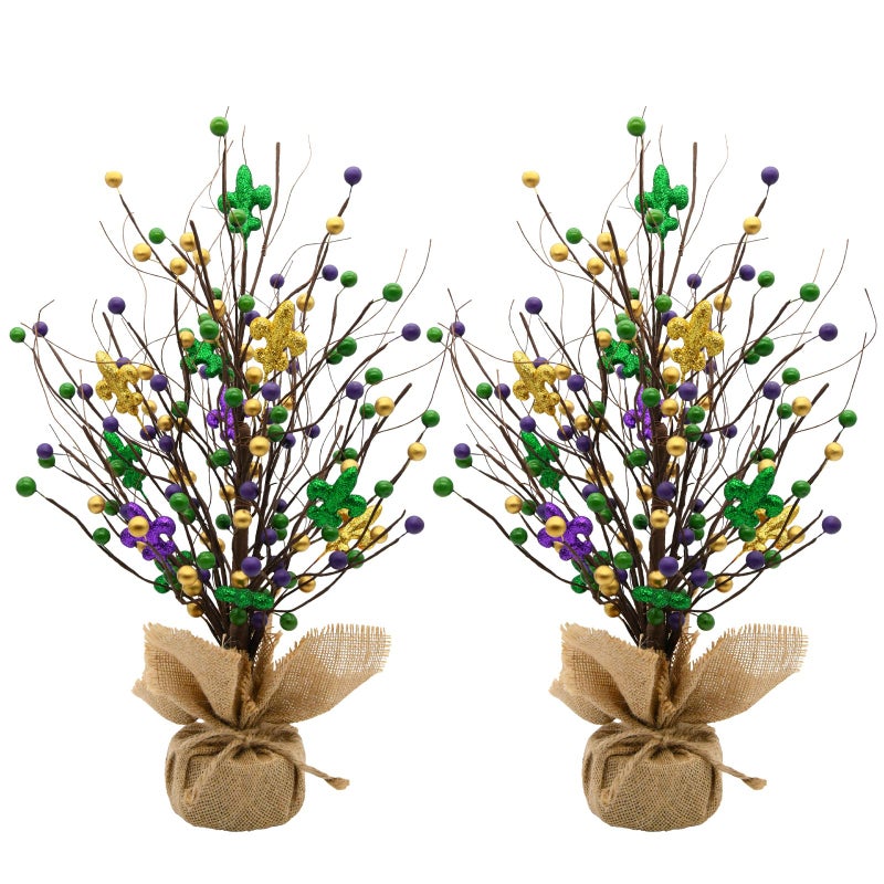 nuvagiki Mardi Gras Table Tree Decorations, 2 Pack 17'' Artificial Berry Blossom Tree Table Centerpiece for Mardi Gras Holiday Decorations, Mardi Gras Home Decor, Mardi Gras Gifts - Image 1