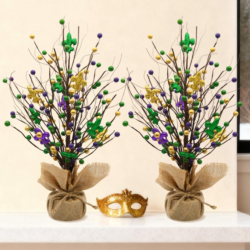 nuvagiki Mardi Gras Table Tree Decorations, 2 Pack 17'' Artificial Berry Blossom Tree Table Centerpiece for Mardi Gras Holiday Decorations, Mardi Gras Home Decor, Mardi Gras Gifts - Image 2
