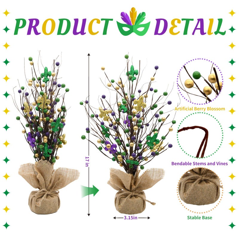 nuvagiki Mardi Gras Table Tree Decorations, 2 Pack 17'' Artificial Berry Blossom Tree Table Centerpiece for Mardi Gras Holiday Decorations, Mardi Gras Home Decor, Mardi Gras Gifts - Image 3