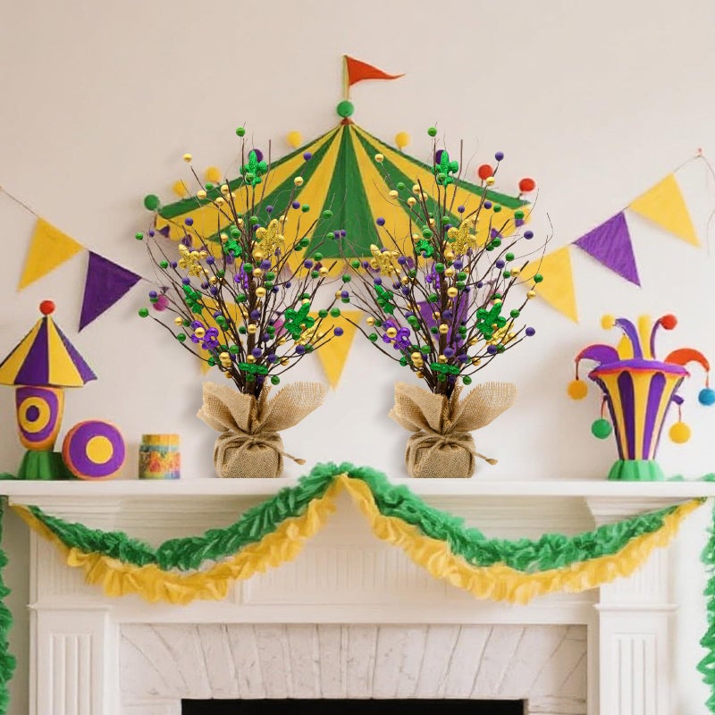 nuvagiki Mardi Gras Table Tree Decorations, 2 Pack 17'' Artificial Berry Blossom Tree Table Centerpiece for Mardi Gras Holiday Decorations, Mardi Gras Home Decor, Mardi Gras Gifts - Image 4