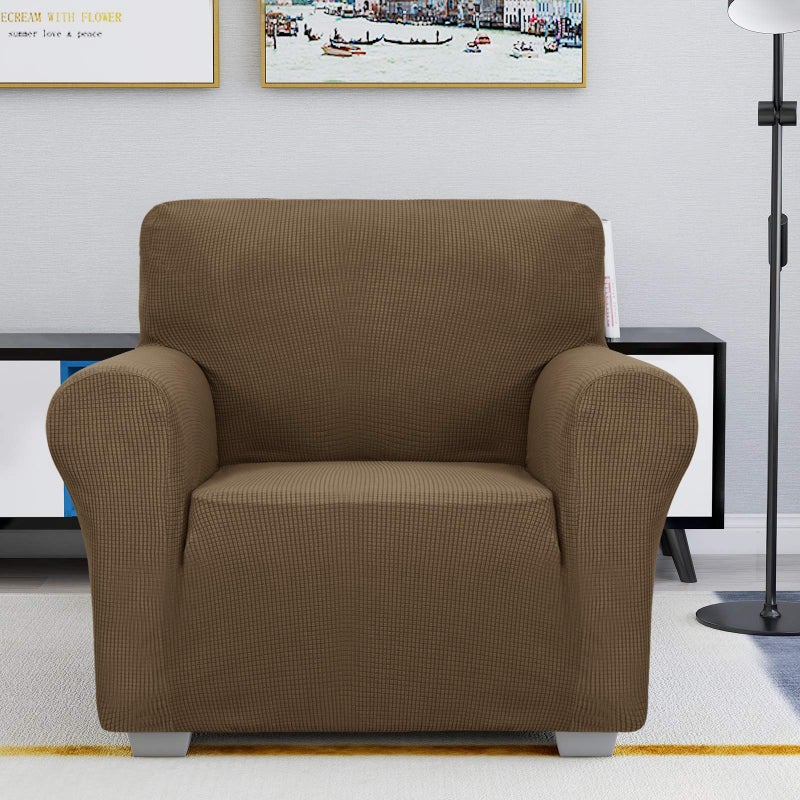 JIVINER Super Stretch Chair Slipcovers with Arms 1-Piece Jacquard Small Checks Living Room Armchair Covers Soft Anti Slip Sofa Couch Furniture Protector for Kids Pets (Chair, Brown) - Image 1