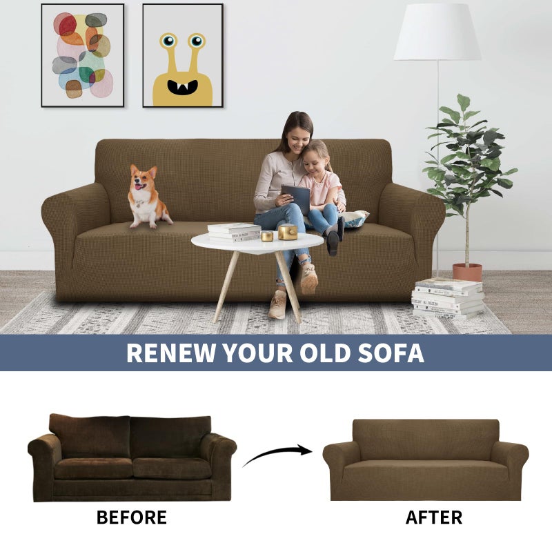 JIVINER Super Stretch Chair Slipcovers with Arms 1-Piece Jacquard Small Checks Living Room Armchair Covers Soft Anti Slip Sofa Couch Furniture Protector for Kids Pets (Chair, Brown) - Image 5