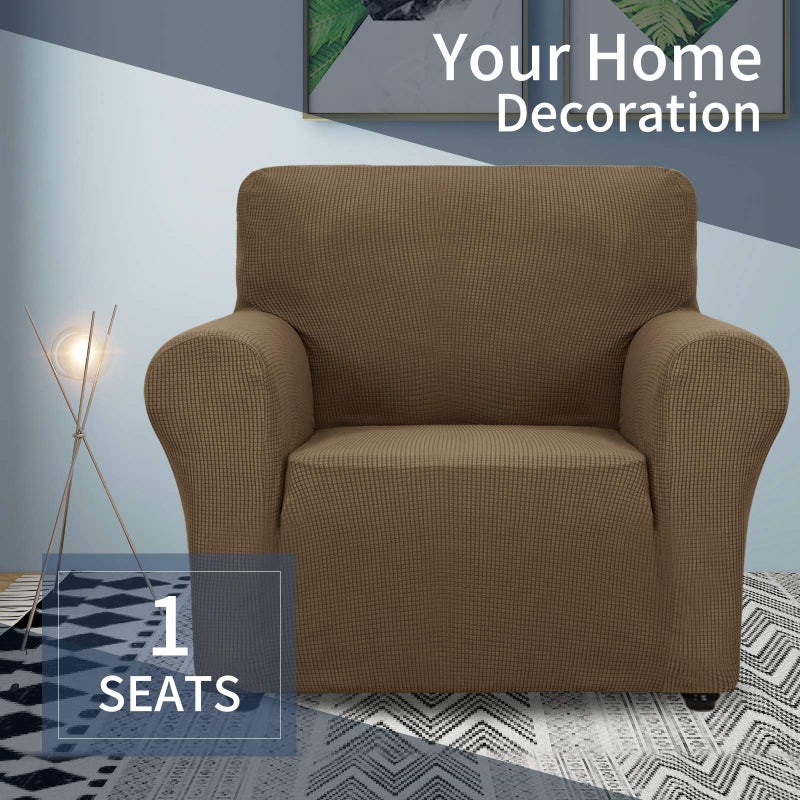 JIVINER Super Stretch Chair Slipcovers with Arms 1-Piece Jacquard Small Checks Living Room Armchair Covers Soft Anti Slip Sofa Couch Furniture Protector for Kids Pets (Chair, Brown) - Image 2