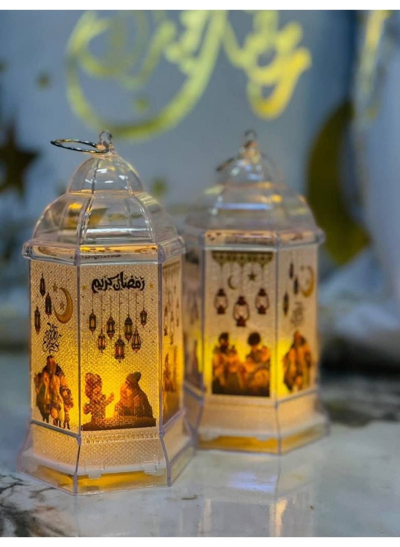 Ramadan Acrylic Lantern Set, LED Lantern Stand with Ramadan-themed designs, with LED lights, battery operated. Size: 13 cm - Image 1
