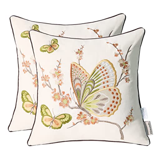 Pilmandu Set of 2 Embroidered Decorative Throw Pillow Covers Couch Square Pillowcases Cushion for Bedroom Sofa Farmhouse Decor 18x18 Inch (Brown Butterfly) - Image 1