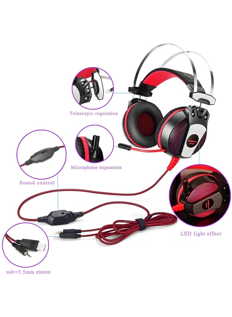 KOTION EACH GS 500 Wired Gaming Headset with 50mm Drivers - 360° Noise Cancelling Microphone - LED Light - 3.5mm + USB Connection - Powerful and Clear Sound - Red - Image 5