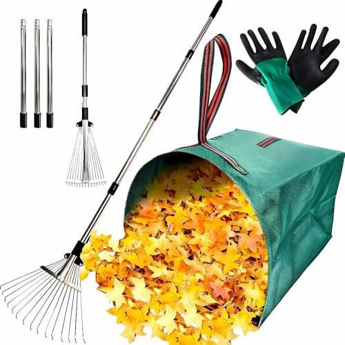 RISETEX Leaf Rake for Lawns with 53 Gallon DustpanType Leaf BagsHeavy Duty Metal Garden Yard Rake Long Handle with Expandable Head 714 for Gardening Outdoor Camping Shrub Grass Bush Weed - Image 1