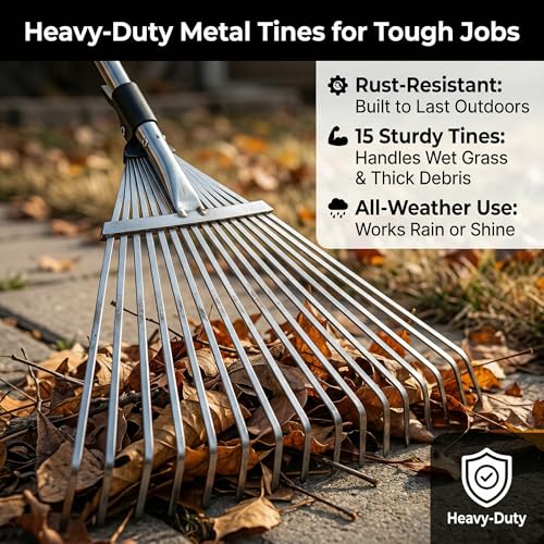 RISETEX Leaf Rake for Lawns with 53 Gallon DustpanType Leaf BagsHeavy Duty Metal Garden Yard Rake Long Handle with Expandable Head 714 for Gardening Outdoor Camping Shrub Grass Bush Weed - Image 3