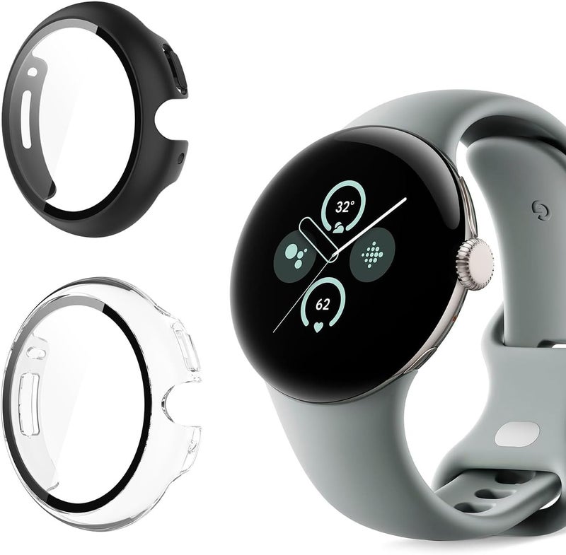 2 Pack Hard PC Case for Google Pixel Watch 3 41mm with Tempered Glass Screen Protector, Ultra-Thin Scratch Resistant Cover, Clear+Black - Image 2