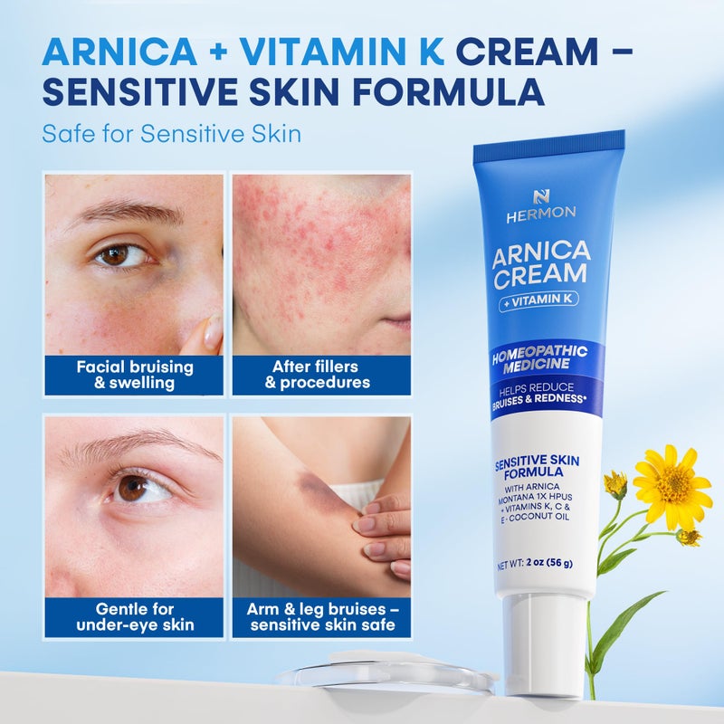 Hermon Arnica Bruise Cream with Vitamin K: Sensitive Skin & Face Formula for Bruising, Swelling & Thin Skin â€“ Extra Strength Arnica Montana Hydrating Moisturizer 2 Oz - Image 2