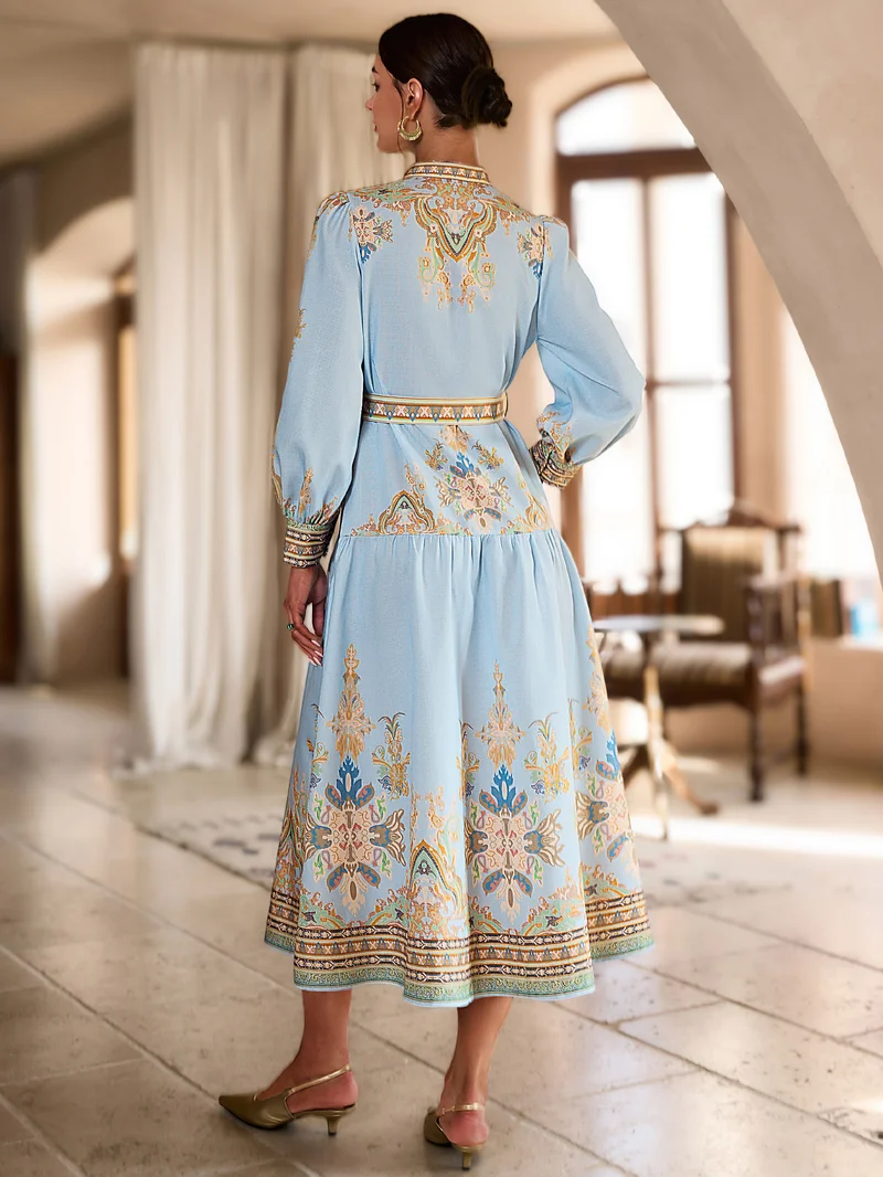 Simplee Lapel Long Sleeve Floral Maxi Dress, Waist Cinched Flared Skirt, Gentle Style Long Dress