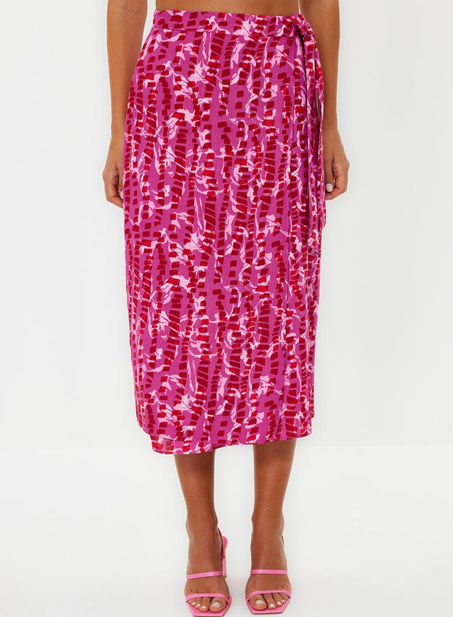 trendyol Purple Patterned Double Breasted Viscose Fabric Midi Length Woven Skirt  - Image 4