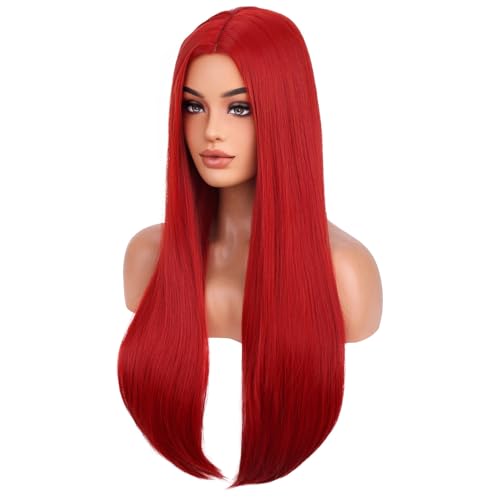 BERON 26 inches Silky Long Straight Wig Charming Women Girls Straight Wigs for Cosplay Party Daily Use Wig Cap Included Red - Image 3