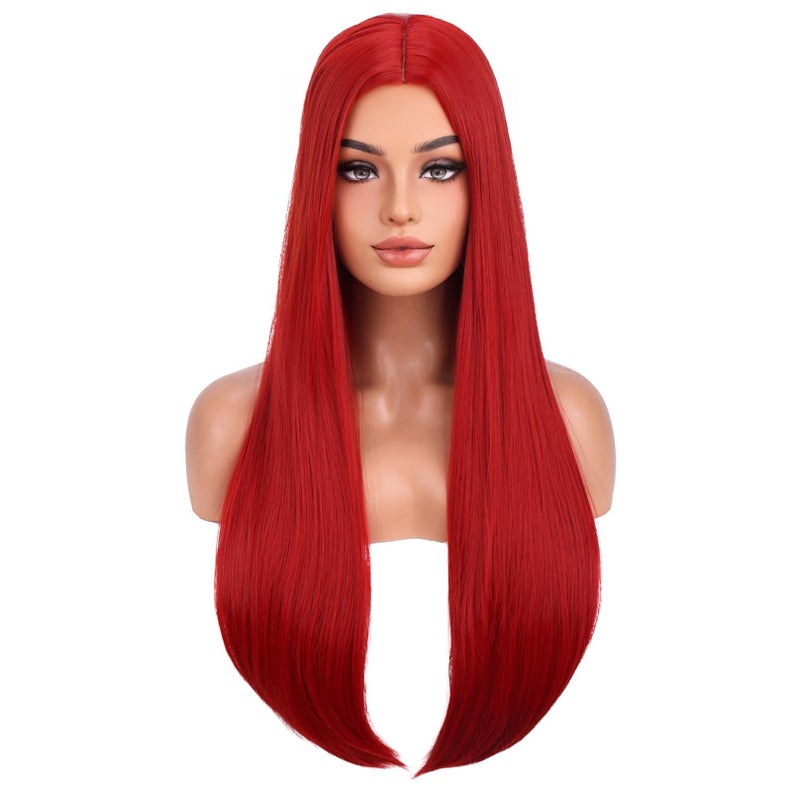 BERON 26 inches Silky Long Straight Wig Charming Women Girls Straight Wigs for Cosplay Party Daily Use Wig Cap Included Red - Image 2