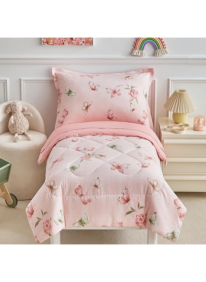 DuShow Pink Butterfly Toddler Bedding Set for Girls,4 Pieces Toddler Bed Set,Seersucker Toddler Comforter Set,Includes Comforter,Flat Sheet,Fitted Sheet and Pillowcase - Image 1