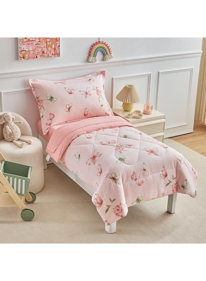 DuShow Pink Butterfly Toddler Bedding Set for Girls,4 Pieces Toddler Bed Set,Seersucker Toddler Comforter Set,Includes Comforter,Flat Sheet,Fitted Sheet and Pillowcase - Image 3