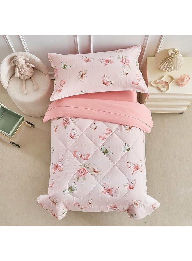 DuShow Pink Butterfly Toddler Bedding Set for Girls,4 Pieces Toddler Bed Set,Seersucker Toddler Comforter Set,Includes Comforter,Flat Sheet,Fitted Sheet and Pillowcase - Image 2