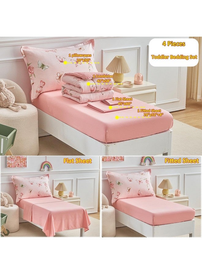 DuShow Pink Butterfly Toddler Bedding Set for Girls,4 Pieces Toddler Bed Set,Seersucker Toddler Comforter Set,Includes Comforter,Flat Sheet,Fitted Sheet and Pillowcase - Image 4