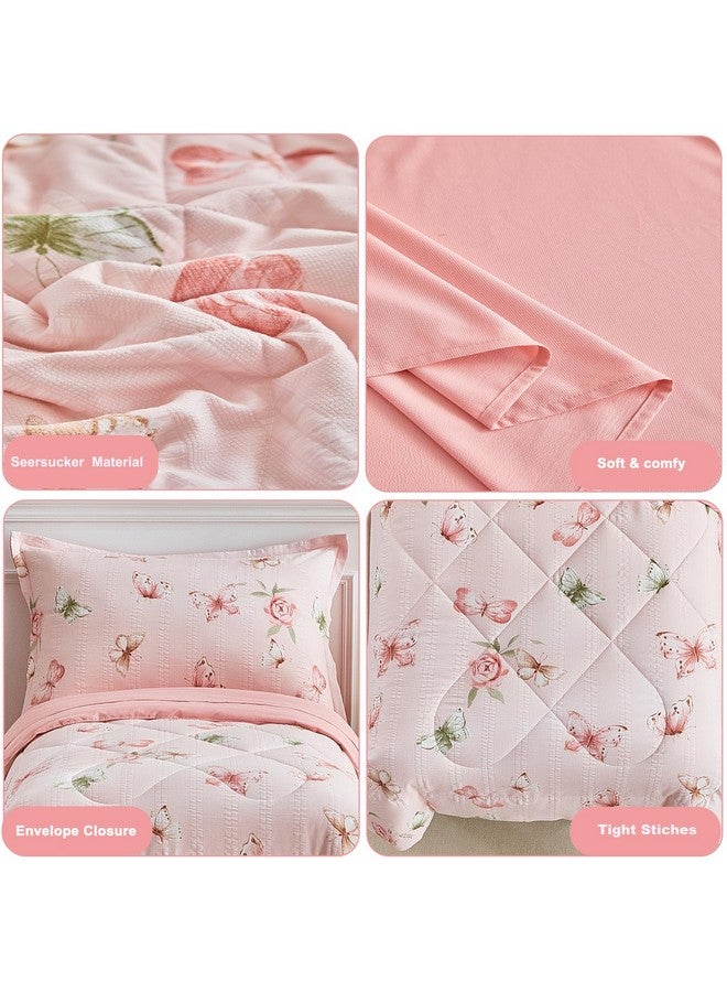 DuShow Pink Butterfly Toddler Bedding Set for Girls,4 Pieces Toddler Bed Set,Seersucker Toddler Comforter Set,Includes Comforter,Flat Sheet,Fitted Sheet and Pillowcase - Image 5