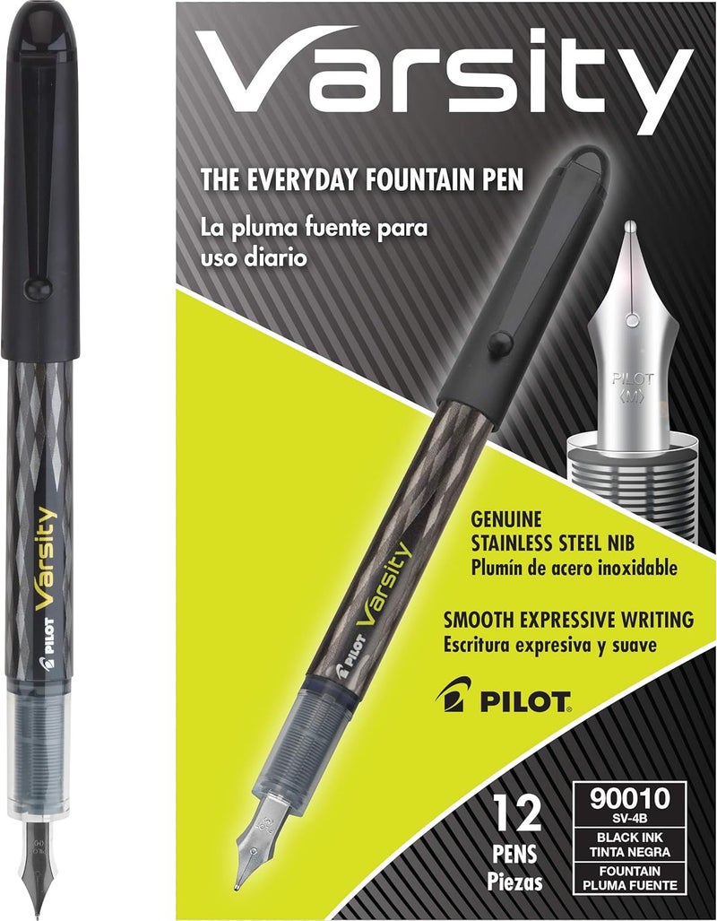 PILOT Varsity Pre-Filled Fountain Pens, Medium Point Stainless Steel Nib, Black Ink, 12-Pack - Image 1