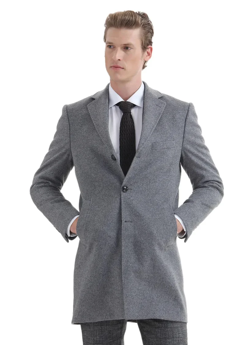 RAMSEY Grey Regular Fit Butterfly Collar Classical Weaving Overcoat