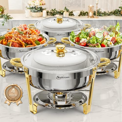 NEWKITCHEN Chafing Dishes for Buffet 4 Pack, 6QT Round Chafing Dishes for Buffet [Elegant Gold and Silver Colors] Stainless Steel Chafing Dish Buffet Set for Any Party - Image 1