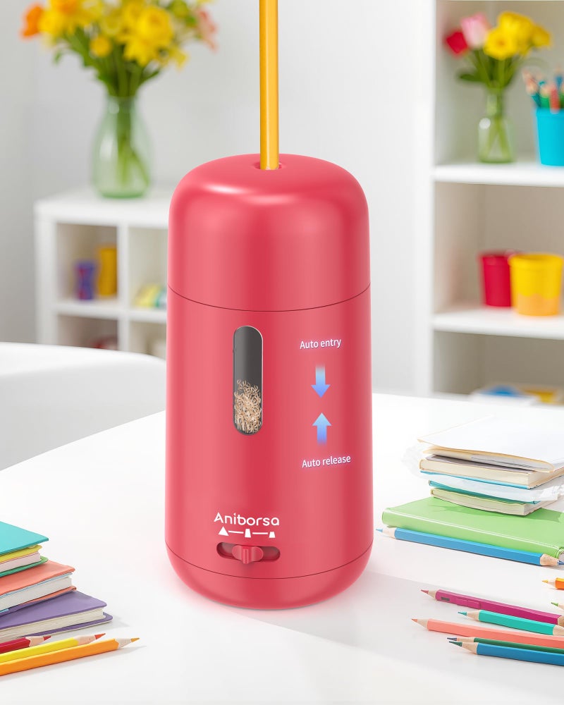 Aniborsa Automatic Electric Pencil Sharpener - Auto Feed, Auto Stop & Auto Eject, Rechargeable for Classroom, Home, School, Office, Rose Red - Image 2