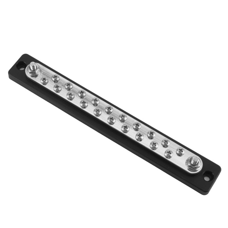 High Current Bus Bar: 20 Position Dual Row, Flame-Retardant Plastic Base - Tinned Brass For Excellent Conductivity, 2pcs 1/4in-20 Studs + 20pcs #8-32 SS Terminals For Trucks RVs Vehicles - Image 2