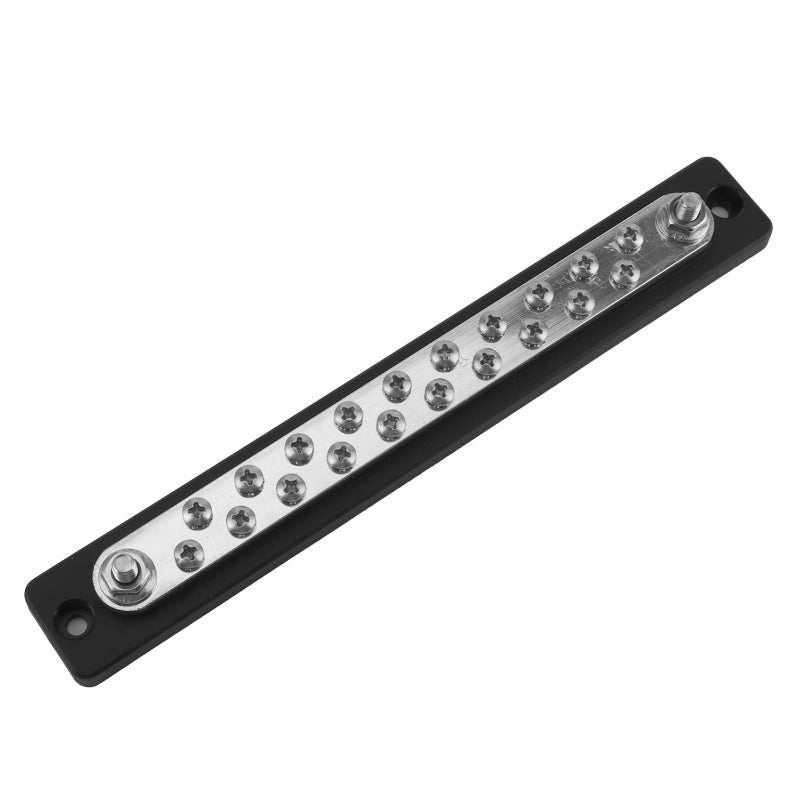 High Current Bus Bar: 20 Position Dual Row, Flame-Retardant Plastic Base - Tinned Brass For Excellent Conductivity, 2pcs 1/4in-20 Studs + 20pcs #8-32 SS Terminals For Trucks RVs Vehicles - Image 1