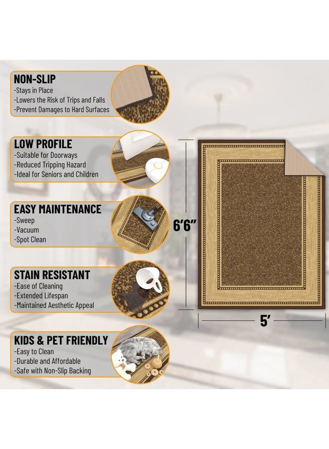Ottomanson 5' x 6'6" Rugs for Living Room Border Area Rug for Bedroom - Non Slip Durable Large Floor Carpet for High Traffic Areas - Indoor Rug for Dining Room Kitchen Kids Playroom, Brown - Image 2
