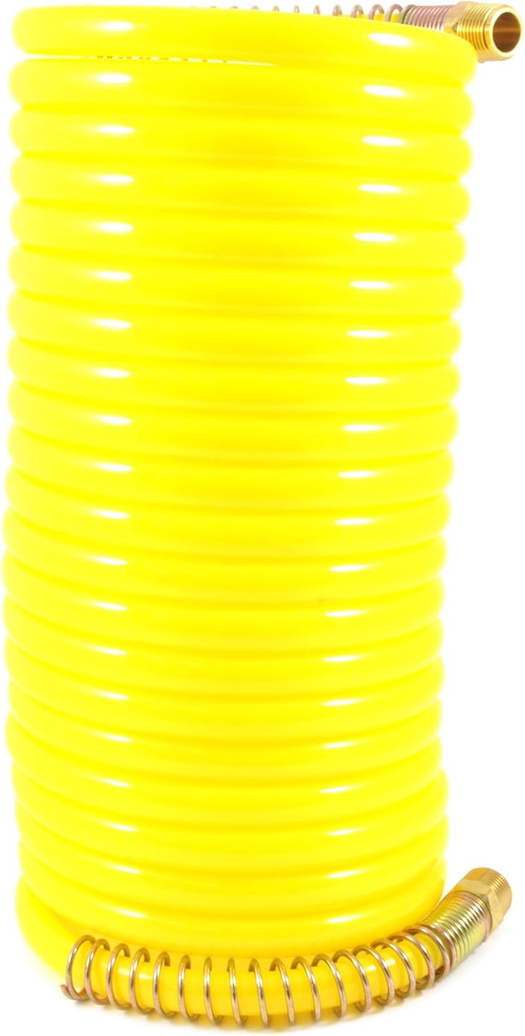 Forney خرطوم هواء متراجع من النايلون الأصفر Forney 75425 مع تركيبات ذكر NPT مقاس 3/8 بوصة ونهاية دوارة 3/8 بوصة بطول 25 قدم 300 PSI - Image 1