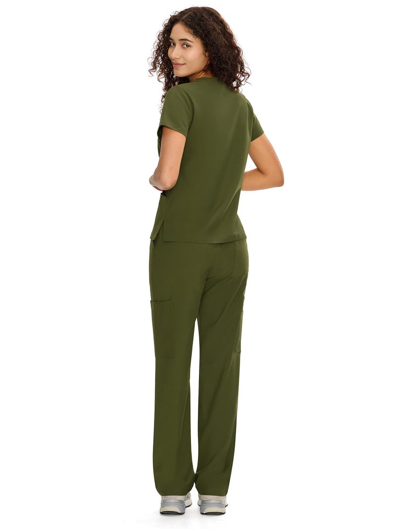 COZYFIT Scrubs for Women Set Medical Uniform - V-Neck Top & Straight Leg Pants with 9 Pockets, Unisex Workwear COZY SCRUBS, Olive Green, M - Image 2
