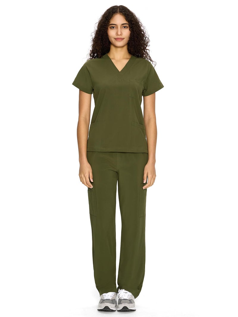 COZYFIT Scrubs for Women Set Medical Uniform - V-Neck Top & Straight Leg Pants with 9 Pockets, Unisex Workwear COZY SCRUBS, Olive Green, M - Image 1