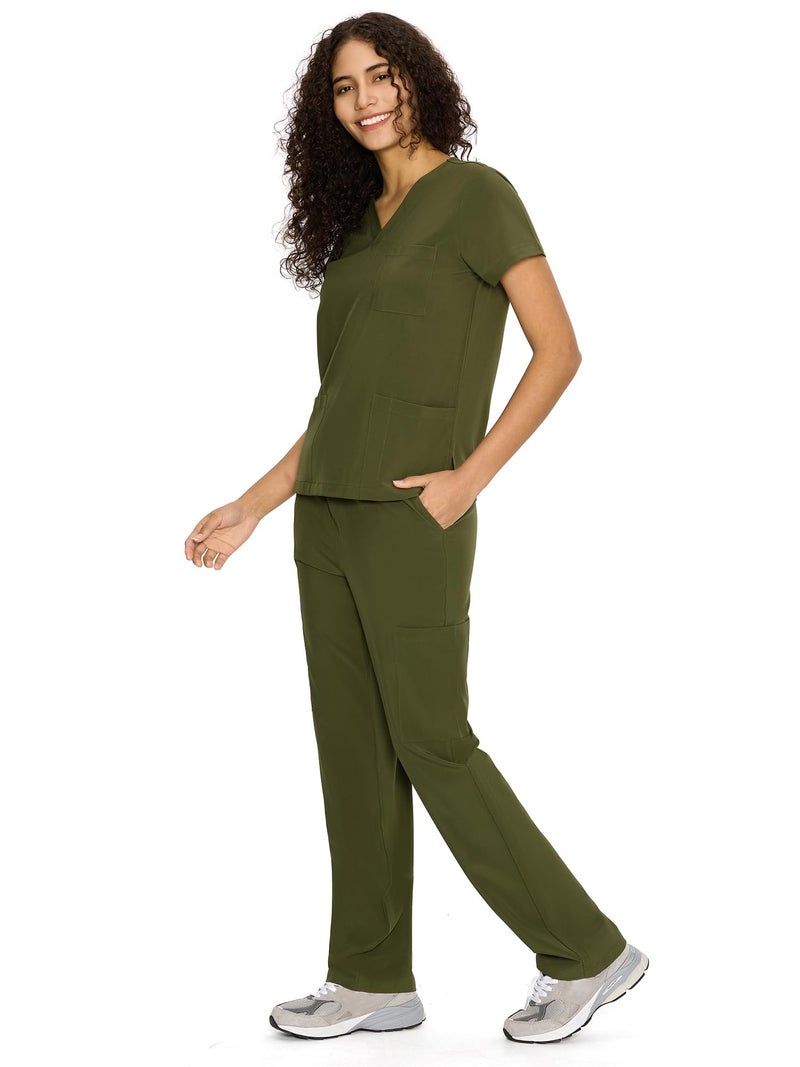 COZYFIT Scrubs for Women Set Medical Uniform - V-Neck Top & Straight Leg Pants with 9 Pockets, Unisex Workwear COZY SCRUBS, Olive Green, M - Image 3