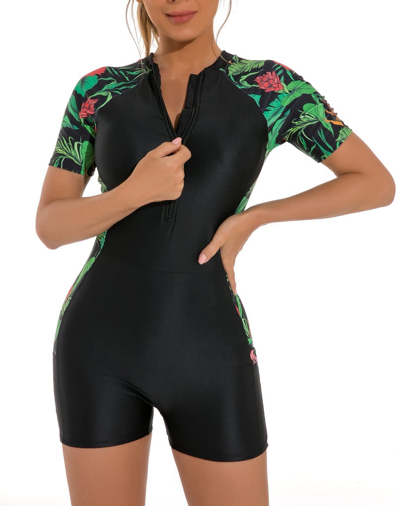 YATEEN Women Rash Guard Long Sleeve One Piece Swimsuit Surfing Bathing Suit UPF 50+ Athletic Swimwear Black/Green - Image 2