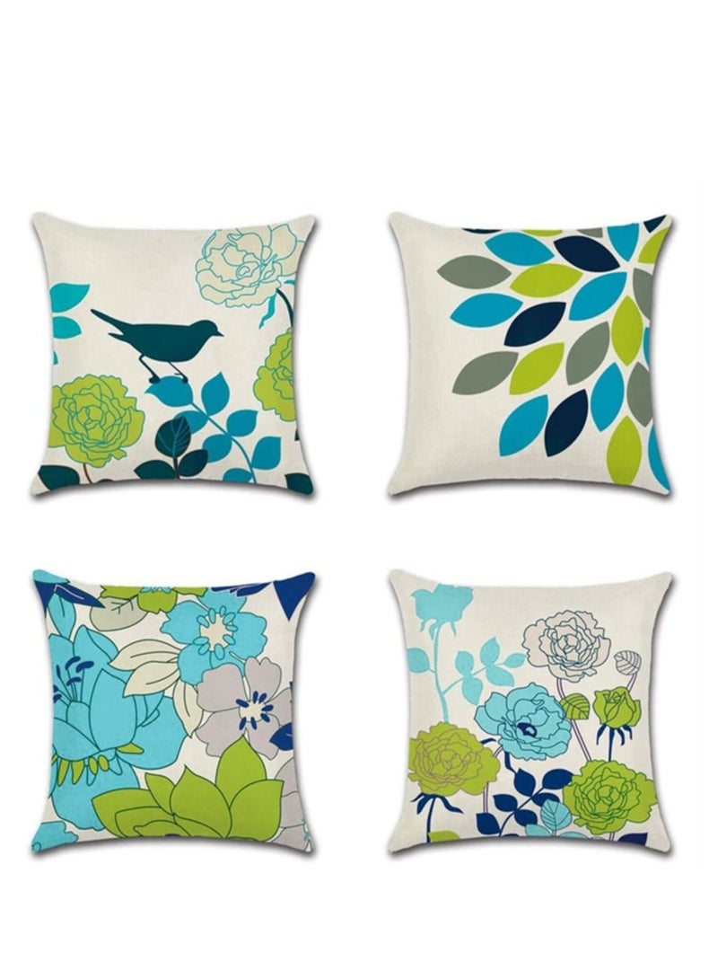 Captaintech Set of 4 Decorative Cushion Covers 45x45cm, Blue Green Flowers and Birds Waterproof Throw Pillow Covers, Perfect to Outdoor Patio Garden Bench Living Room Sofa Farmhouse Decor - Image 1