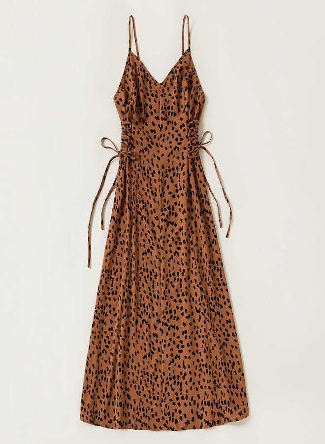 AWIBMK Mommy and Me Matching Dresses Polka Dot Leopard Floral Printed Ruffled Sleeveless Midi Beach Dress Adjustable Drawstring or Lace-Up Straps Summer Mom Daughter Matching Outfits Brown Leopard 6-9 Months - Image 2