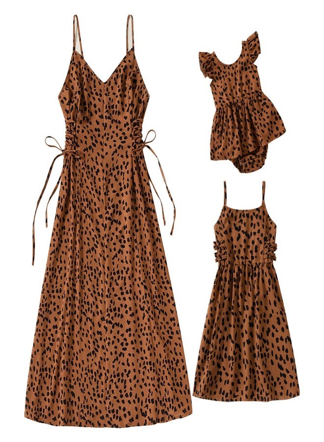 AWIBMK Mommy and Me Matching Dresses Polka Dot Leopard Floral Printed Ruffled Sleeveless Midi Beach Dress Adjustable Drawstring or Lace-Up Straps Summer Mom Daughter Matching Outfits Brown Leopard 6-9 Months - Image 1