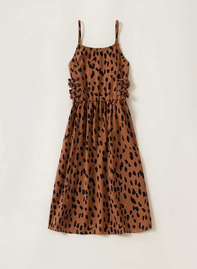 AWIBMK Mommy and Me Matching Dresses Polka Dot Leopard Floral Printed Ruffled Sleeveless Midi Beach Dress Adjustable Drawstring or Lace-Up Straps Summer Mom Daughter Matching Outfits Brown Leopard 6-9 Months - Image 3