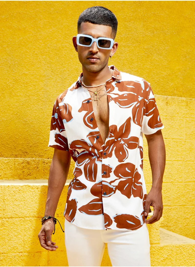كامبوس سوترا Men's White & Brown Maxi Floral Print Shirt