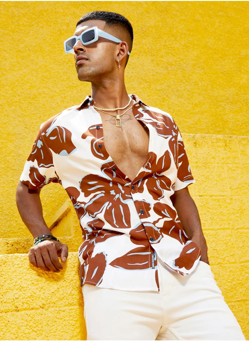 كامبوس سوترا Men's White & Brown Maxi Floral Print Shirt
